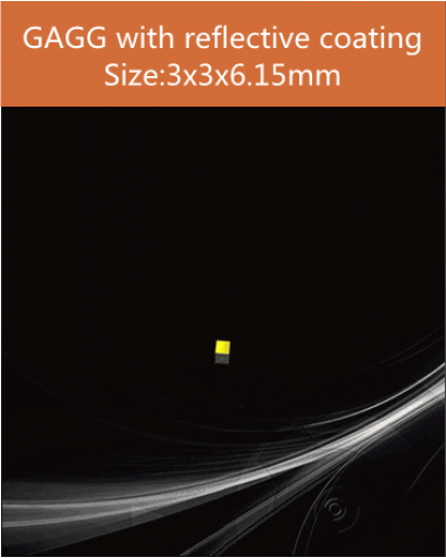 GAGG Ce scintillation crystal, GAGG Ce crystal, GAGG scintillator, Ce:Gd3Al2Ga3O12 crystal, 3x3x6.15mm four sides with reflective coating